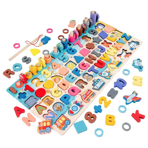 Jucarie educativa logaritmica Montessori 7 in 1 - Traffic Board din lemn cu cifre, forme si pescuit magnetic