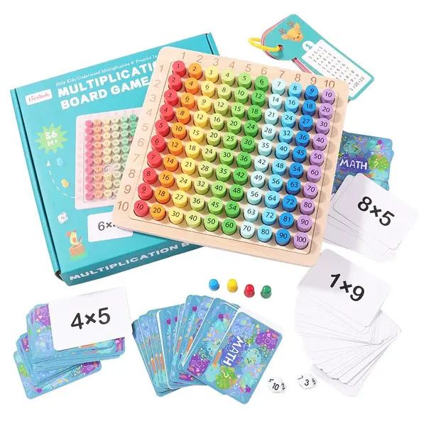 Jucarie educativa Montessori din lemn - tabla inmultirii cu cartonase, zaruri si pioni