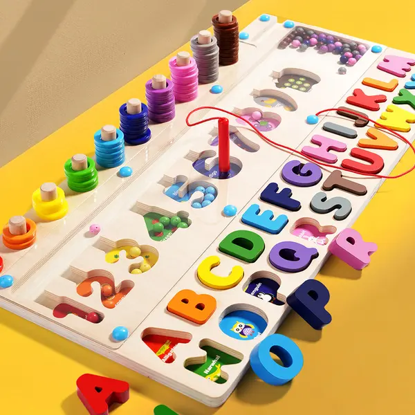 Jucarie educativa multifunctionala 3 in 1 - labirint magnetic din lemn cu culori si numere