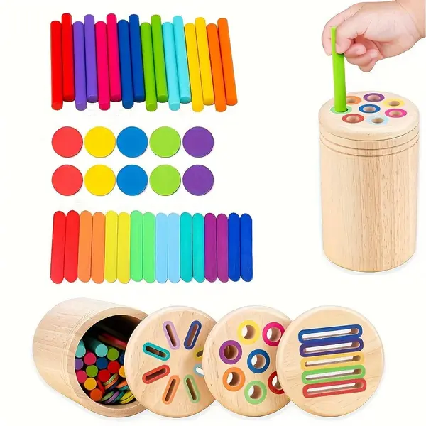 Jucărie educativă pentru copii, cupa de sortare a culorilor 3-in-1 din lemn - îmbunătățește recunoașterea culorilor și coordonarea mâini-ochi - De lemn