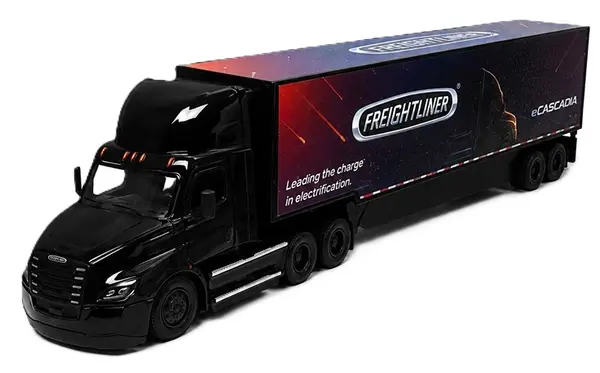 Jucărie pentru copii Kinsmart - Camion metalic Freightliner eCascadia cu container, 1:62, negru