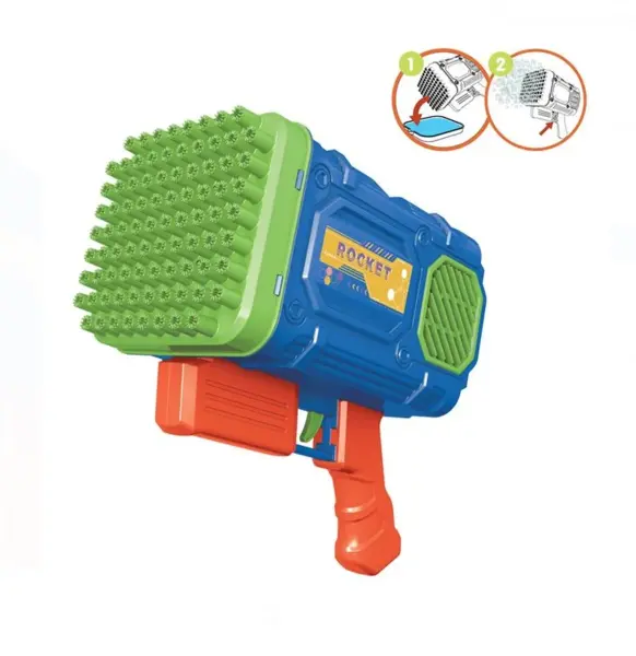 Jucarie Pistol pentru baloane de sapun cu lumini LED si 87 gauri, cu rezerva 100 ml