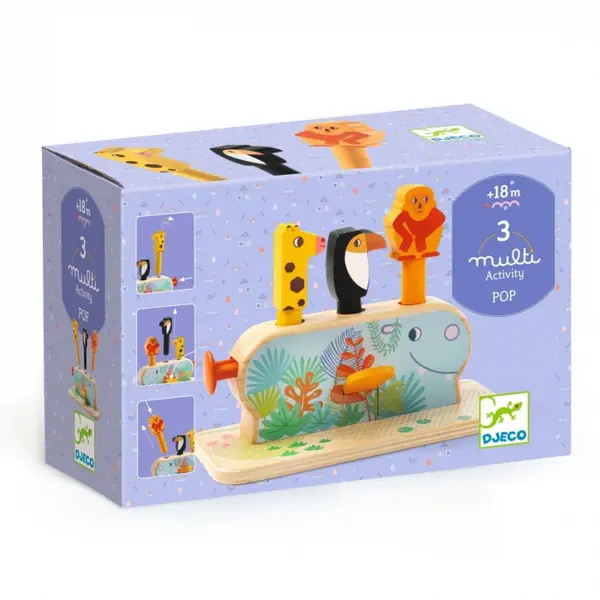 Jucarie pop-up multi activity cu 3 animale,lemn,+18 luni