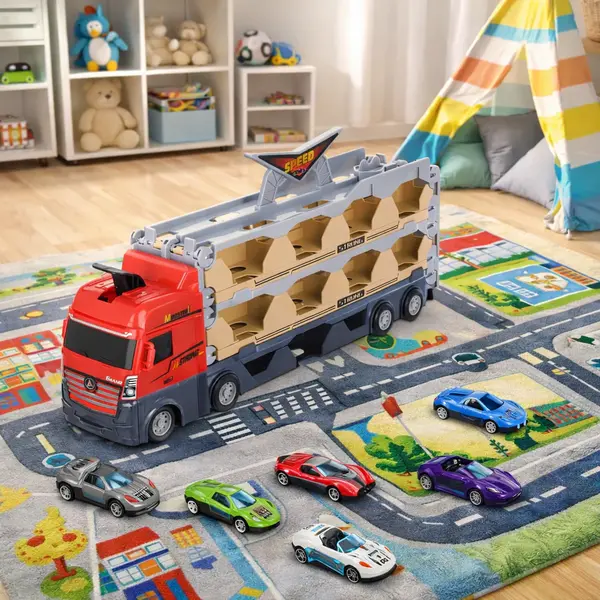Jucarie Set Camion Trailer pentru Transport Masinute de curse, Tir cu 6 Masini Incluse pentru Copii de 3,4,5,6 ani, Catapultare Vehicule, Platforma si Pista de curse, Prelungire 2.0m