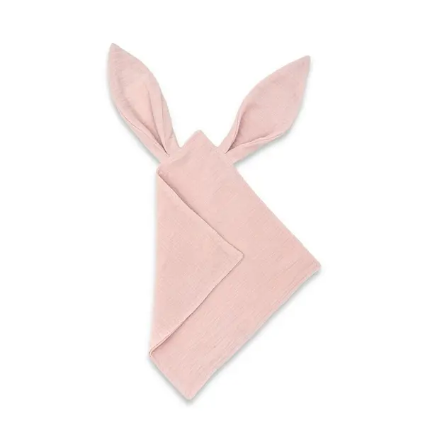 Jucarie textila senzoriala, Qmini, Cu urechi fosnitoare, 30 x 30 cm, Din muselina dubla, Powder Pink