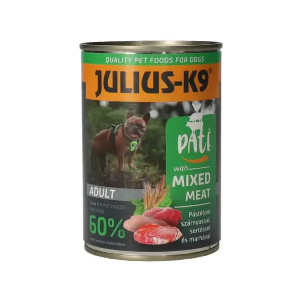 JULIUS-K9 Mixed Meet, XS-XL, Pasăre și Porc, conservă hrană umedă câini, (pate), 400g