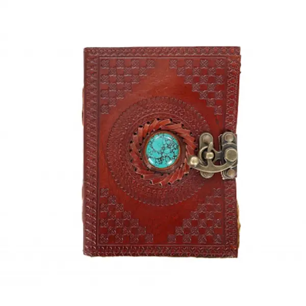 Jurnal vintage, 17.5x12.5cm, piele naturala, piatra verde, Krashell, rosu