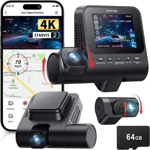Jzones 4K Ultra HD STARVIS 2 Triple Camera, MicroSD 64Gb