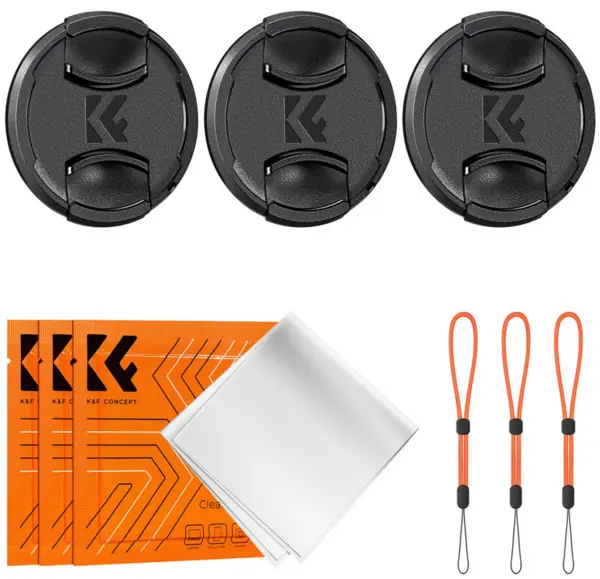 K&F 58mm Kit Capace Obiectiv, Logo K&F, 3 Capace, 3 Snururi Anti-Pierdere, 3 Lavete Microfibra, Material ABS
