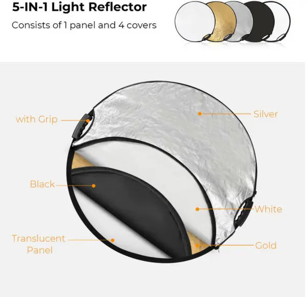 K&F 60cm 5 in 1 blenda rotunda cu maner si 5 suprafete de reflexie