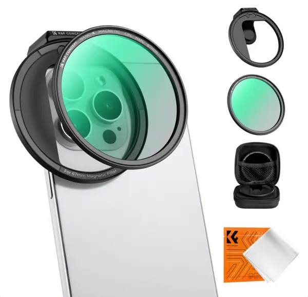 K&F 67MM Suport Telefon Magnetic, Filtru CPL Magnetic 67MM, Sticla Optica HD, Multi-Strat, Rezistent la Apa
