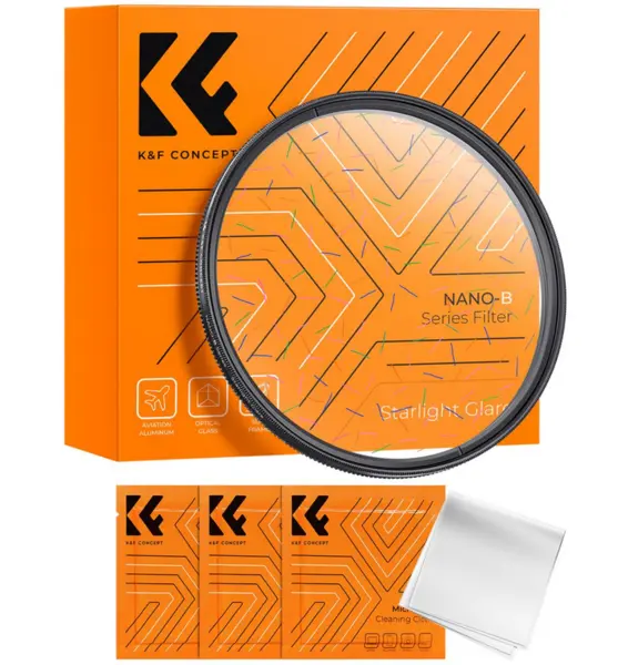 K&F 82MM Filtru Efect Starlight Colorat, Rama Ultra-fina, Sticla Optica K9, Rama Reglabila, 3 Lavete Microfibra Incluse