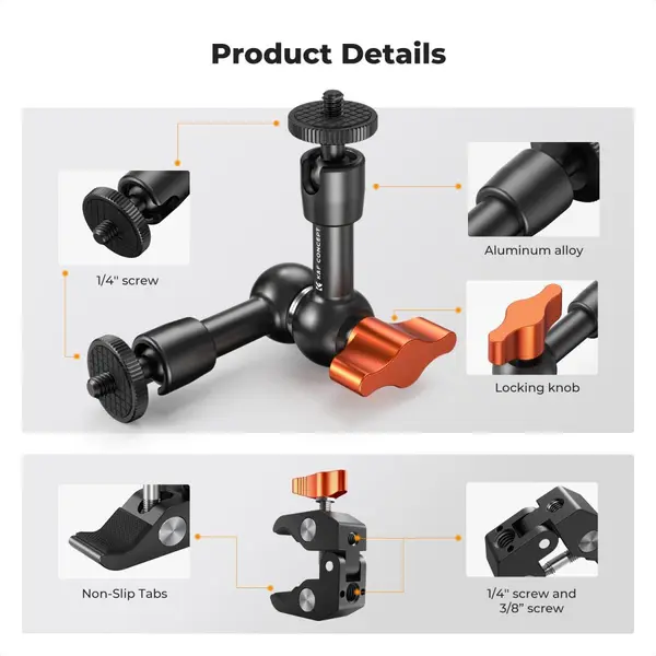 K&F Concept Brat Magic Arm Ajustabil 6 inch, Super Clamp, Filet 1/4 si 3/8, Rotire 360 Grade, Sarcina Maxima 2kg