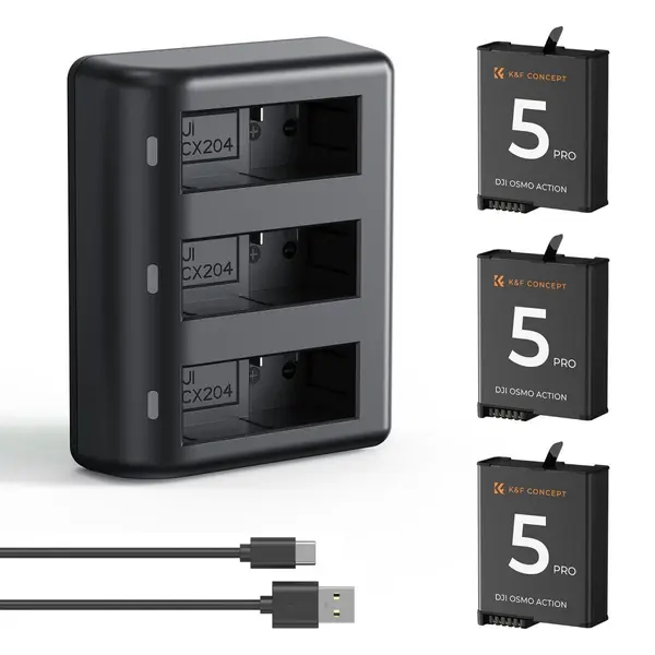 K&F Concept DJI Osmo Action 5 Pro Set 3 Baterii si Incarcator, 2100mAh, 3 Sloturi, Compatibil Osmo 360, Action 4, Action 3