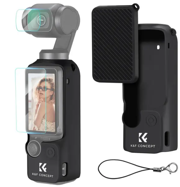 K&F Concept Husa Silicon Osmo Pocket 3, Cu Folie Sticla Ecran 9H, Grosime 1.8mm, Design Anti-Pierdere