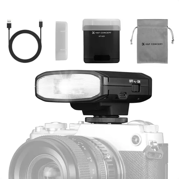 K&F Concept KF-M01 Blitz Mini Foto, GN12, 5600K, 8 Nivele Putere, Baterie 2000mAh, USB-C