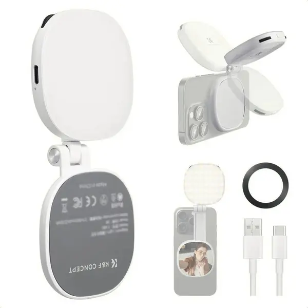 K&F Concept KF34.053 Lampa Selfie Magnetica LED, Rotatie 360°, CRI95+, Oglinda Incorporata, Pliabila, Incarcare USB-C