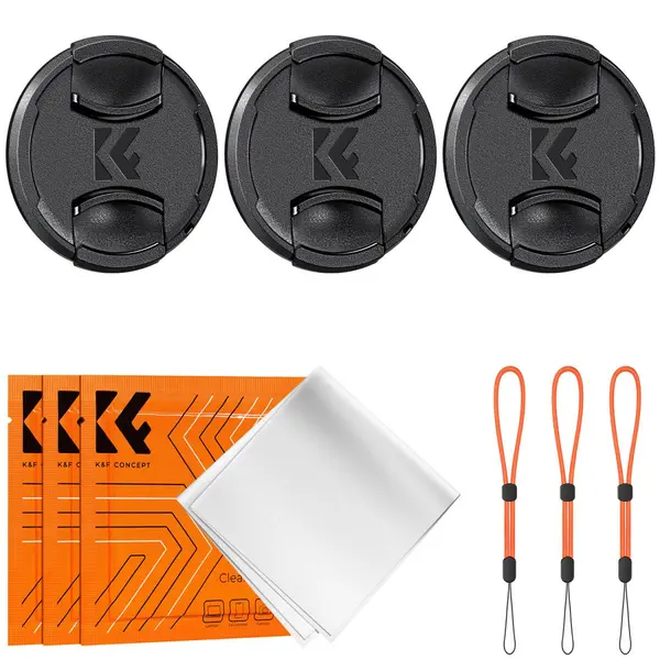 K&F Concept Kit Capace Obiectiv 55mm, 3 Capace cu Logo K&F, 3 Snururi Anti-Pierdere, 3 Lavete Microfibra