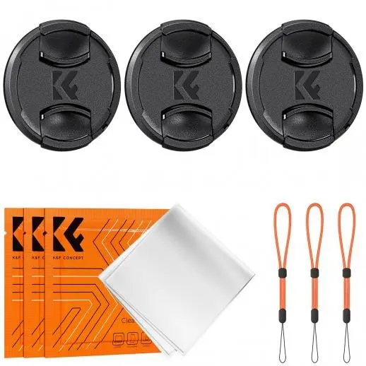 K&F Concept Kit Capace Obiectiv 72mm, 3 Capace cu Logo K&F, 3 Snururi Anti-Pierdere, 3 Lavete Microfibra