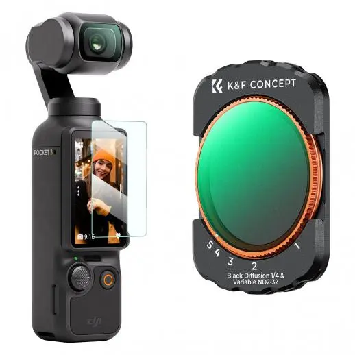 K&F Concept Kit Filtre Magnetice DJI Osmo Pocket 3, ND2-32 Variabil, Black Diffusion 1/4, Sticla Optica AGC, Montare Magnetica
