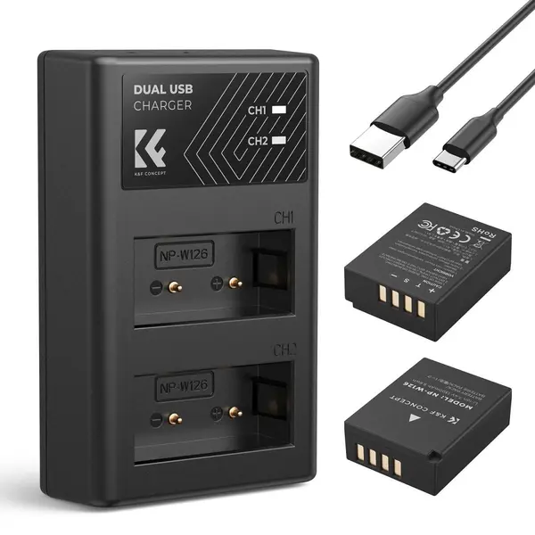 K&F Concept NP-W126 Set 2 Acumulatori si Incarcator Dublu, 1300mAh, Micro-USB si USB-C, Pentru Fujifilm