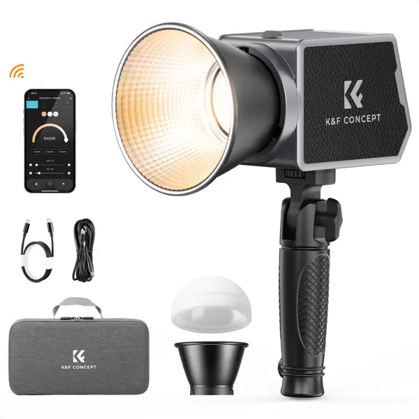 K&F Concept PL-60B Lampa Foto COB 60W, Baterie Incorporata 4500mAh, CRI 97+, Bi-Color 2700K-6500K, 12 Efecte de Lumina