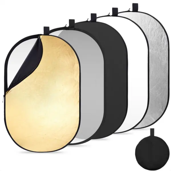K&F Concept Reflector Oval Pliabil 5-in-1, 60x90cm, Auriu, Argintiu, Alb, Negru, Translucid, Cu Geanta de Transport