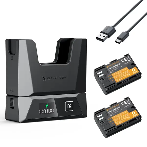 K&F Concept Set 2 Acumulatori LP-E6NH si Incarcator, 2600mAh, PD 18W, Design Modular, Afisaj Inteligent