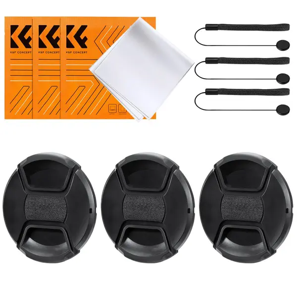 K&F Concept Set Accesorii Obiectiv 9-in-1, Capac Obiectiv cu Snur Anti-Pierdere, Laveta Microfibra, Material ABS, Compatibil