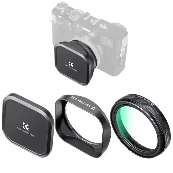K&F Concept Set Filtru UV, Parasolar si Capac Obiectiv, Compatibil Fujifilm X100 Seria, Sticla Multi-Stratificata, Magnetic 52mm