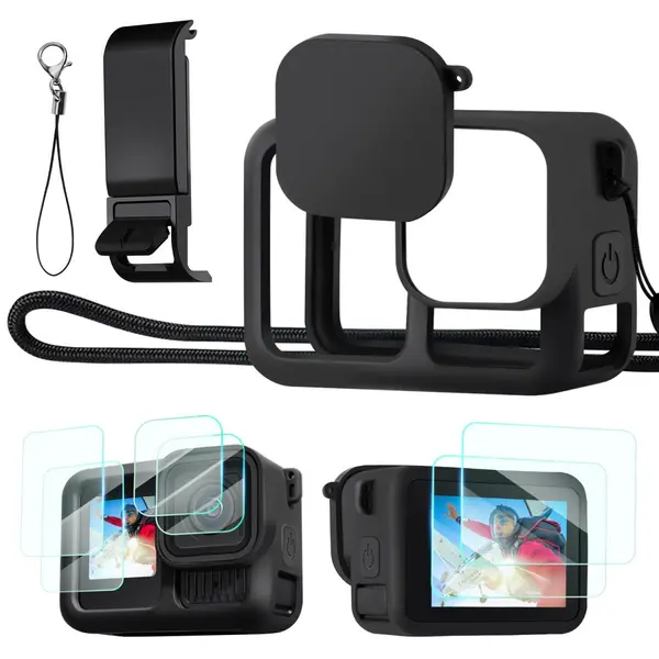K&F Concept Set Husa Silicon GoPro 13, Sticla Securizata 9H, Grosime 1.8mm, Snur Anti-Pierdere Capac Obiectiv