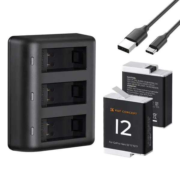K&F Concept Statie Incarcare LED 3 Sloturi, GoPro Hero 9/10/11/12, Cablu USB Type-C, Protectie Supraincarcare, Indicator LED
