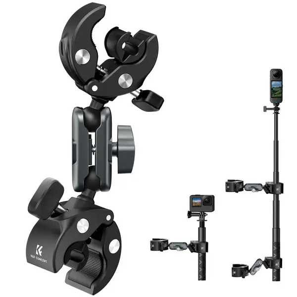 K&F Concept Suport Camera Dual Clamp cu Cap Bila 360°, Montare Ghidon Bicicleta/Motocicleta, Diametru 8-40mm, Aliaj Aluminiu