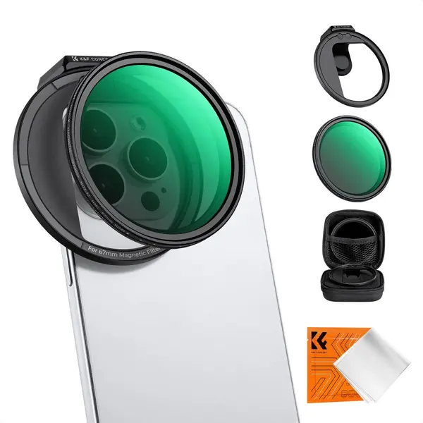 K&F Concept Suport Telefon Magnetic 67mm, Filtru ND2-32 Variabil, Sticla Optica AGC, Montura Cold Shoe, Clema Blocare