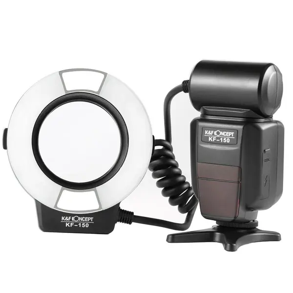K&F KF150 Blitz Inelar Macro TTL pentru Nikon, GN14, Tuburi Duble de Blitz, LED Auxiliar, Ecran LCD, Inele Adaptoare 52-77mm