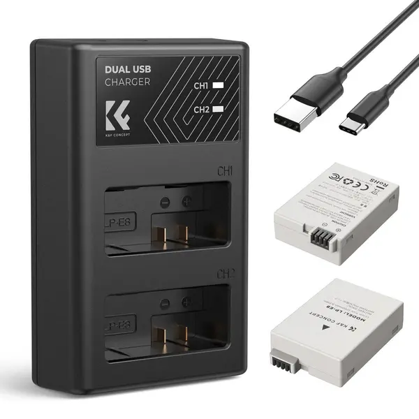 K&F LP-E8 Set Baterii si Incarcator Dublu pentru Canon, 2x 1200mAh, Micro USB/Type C, Compatibil EOS 700D/650D/550D