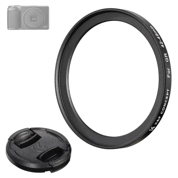 K&F Ricoh GR 42-49mm Inel Adaptor si Capac Obiectiv, Compatibil GR IIIx, GR III, GR II, Aluminiu, Filtru 49mm