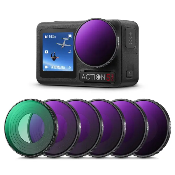 K&F Set Filtre Osmo Action 4/5 Pro, CPL, ND8, ND16, ND32, ND64, ND256, Sticla Optica AGC, 28 Straturi de Acoperire
