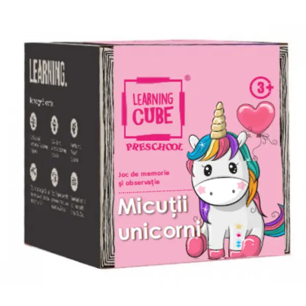 K-TOYZ Joc de atentie K-TOYZ Learning Cube® - Micutii unicorni, 64 cartonase, 1 carioca care se sterge, 3 ani+