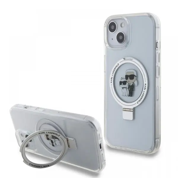 Karl Lagerfeld Husa Ringstand Karl & Choupette MagSafe iPhone 15 Alb