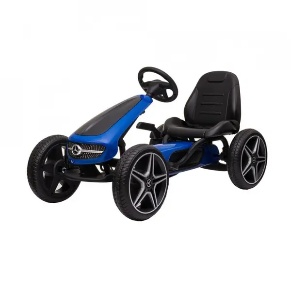 Kart cu pedale pentru copii Novokids Mercedes Benz Kart Pro Albastru, cu claxon si melodii, structura metalica, frana de mana, functie freewheel, scaun ajustabil, mers cu spatele