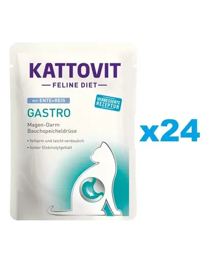 KATTOVIT Feline Diet Gastro hrana umeda dietetica pentru pisici cu afectiuni gastrointestinale, rata si orez 24 x 85 g