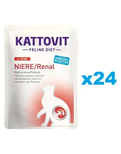 KATTOVIT Feline Diet Niere/Renal Beef hrana umeda dietetica pentru pisici cu afectiunile ale rinichilor, cu vita 24 x 85 g