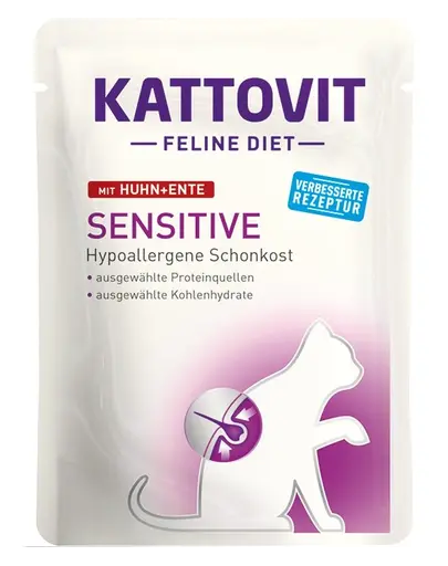 KATTOVIT Feline Diet Sensitive hrana umeda dietetica pentru pisici cu alergii alimentare, cu pui si rata 85 g
