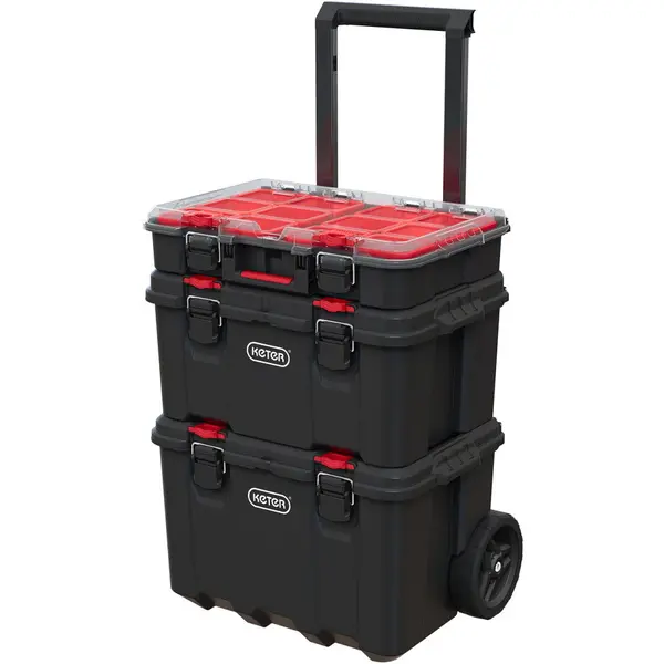 Keter Organizator scule tip troller Keter STACK'N'ROLL 250927, plastic, 100 l capacitate, 50 kg incarcare maxima, Negru-Rosu