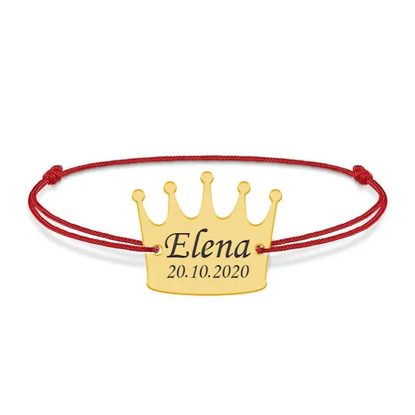King - Bratara snur cu talisman din argint 925 placat cu aur galben 24K personalizata cu text - coroana