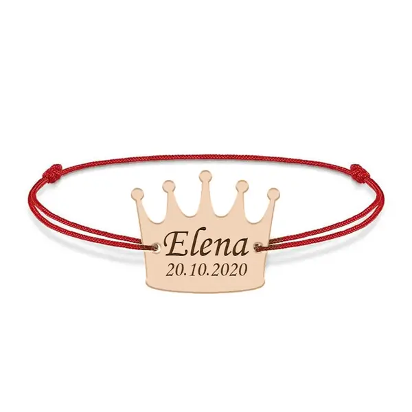King - Bratara snur cu talisman din argint 925 placat cu aur roz personalizata cu text - coroana
