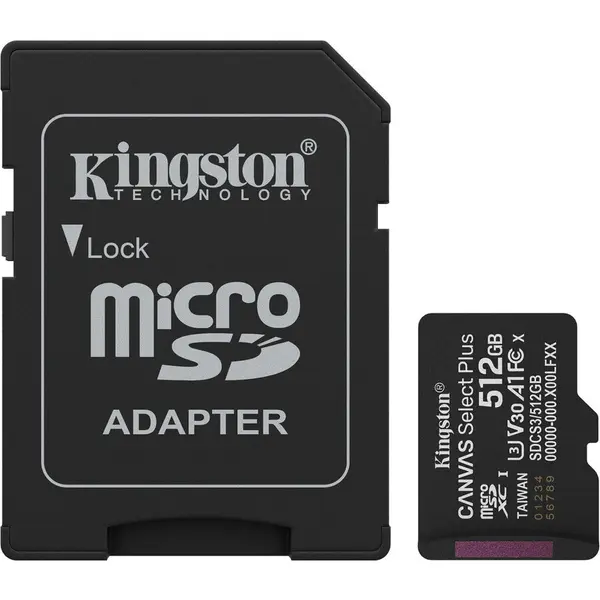 Kingston Card de memorie microSDXC Kingston Canvas Select Plus SDCS3 512 GB, Class 10, UHS-I U3, V30, A1 + Adaptor SD