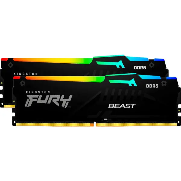 Kingston Kit dual Memorie RAM Kingston FURY Beast RGB, Capacitate 64GB DDR5 (2x32 GB), Frecventa 6400 MHz, CL 32, Negru