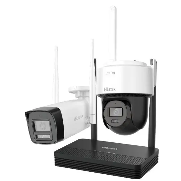 Kit 2 camere Wifi bullet + PTZ cu NVS HiLook IKS-2044BPH-PH/W, 4MP, lentila 2.8mm, IR 30m, lumina alba, detectie miscare, microfon, difuzor